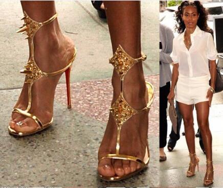 

2018 novelty sexy open toe ankle strap woman sandal gold black thin heels sandal summer high heel shoes rivet dress sandal, Multi