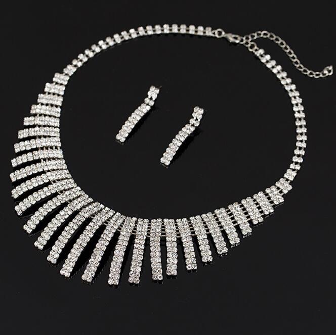 

delicate Bridal Crystal Necklace White Rhinestones Mosaic Wedding Dress Jewelry Lady Earrings Necklace Set Dress accessories, Silver