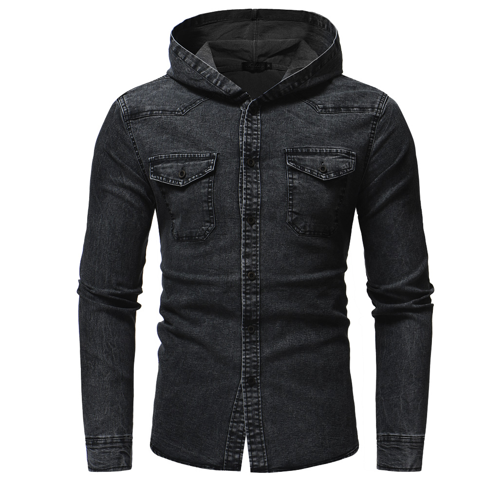 Fashion 2018 autumn and winter men's new fashion wash men's casual slim long-sleeved hooded denim shirt