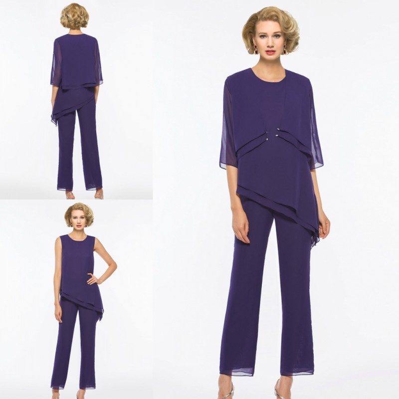 

Three Pieces Mother Of The Bride Pant Suits Chiffon Half Long Sleeve Prom Dress Party Evening Wear Plus Size Mother's Gown