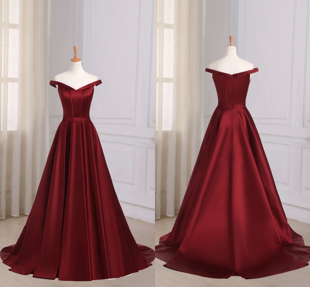 

Wine Red Dresses Evening Party Wear Formal Gowns Off shoulder with Sleeves A line Satin Floor length Prom Dress Cheap, Ivory