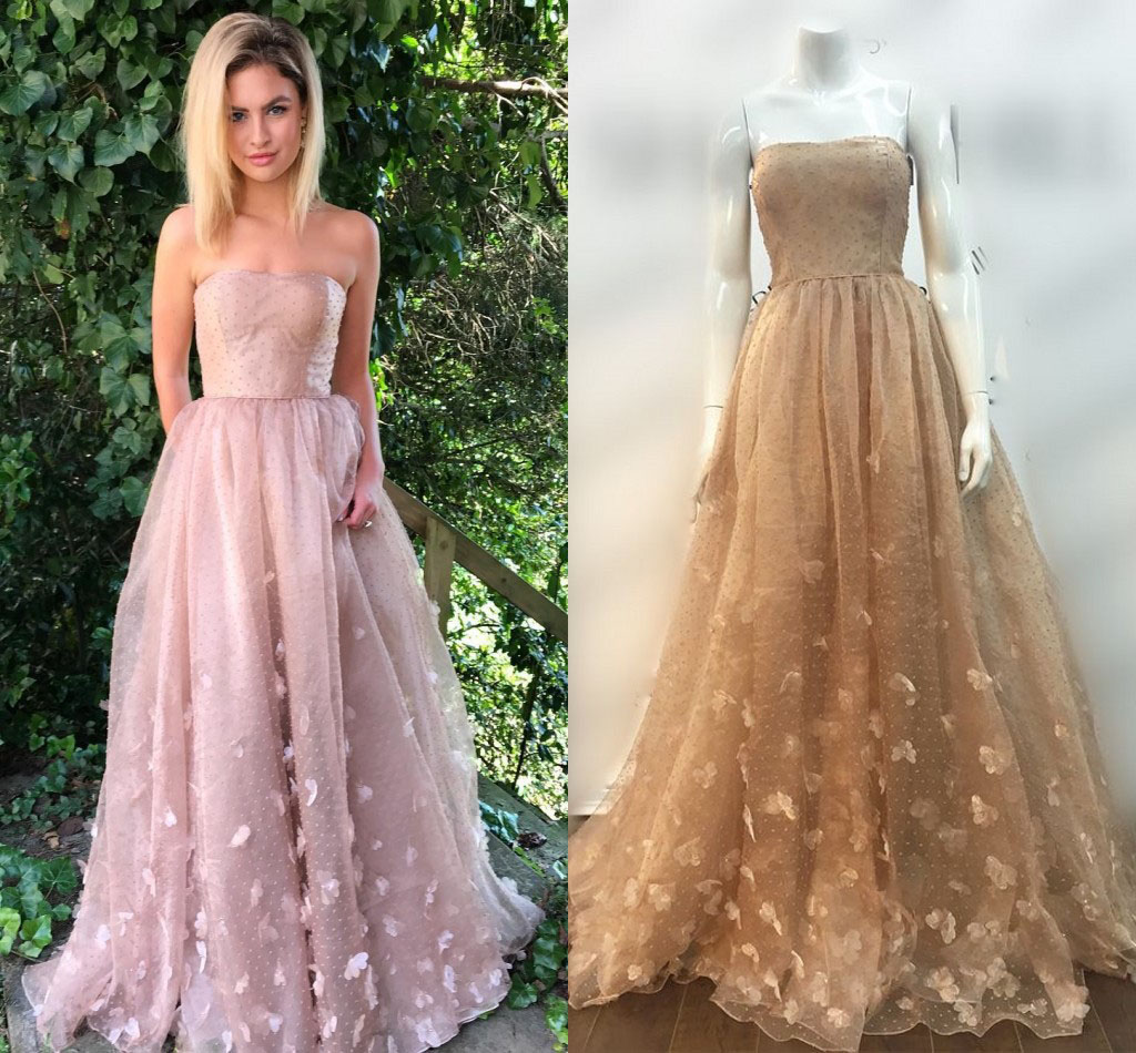 

Rose Pink Strapless Prom Dresses Petal Tulle Organza Floor Length Brown Prom Dresses Formal Evening Dresses Zipper Up, Ivory