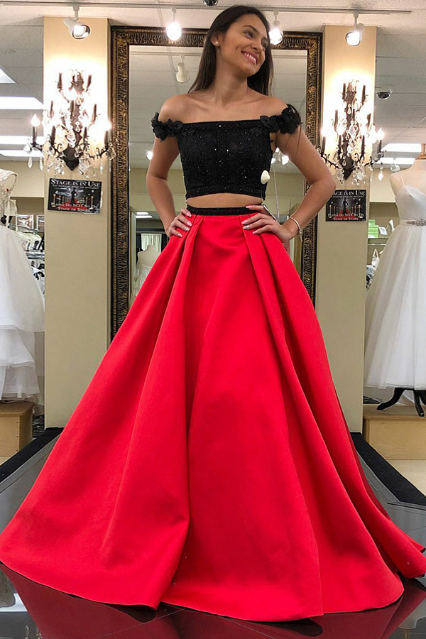 

Latest Design Sparkly Red and Black Off-the-Shoulder A Line Prom Dresses 2019 Lace Appliques Formal Gowns Two Pieces Draped Stunning, Multi
