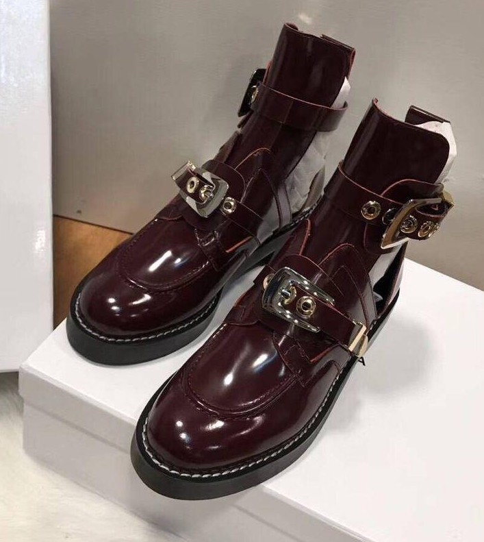 

new Arrivals sping summer Fashion Womens black pink white shiny patent Leather two gold metal buckle strap cut out biker Martin Ankle Boots