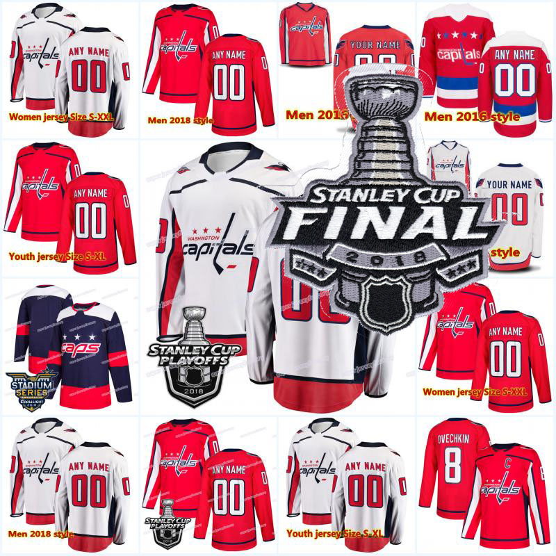 

2018 New 8 Alex Ovechkin 70 Holtby 19 Backstrom 74 John Carlson 77 TJ Oshie Washington Capitals Stanley Cup Playoffs Finals Hockey Jerseys, Black;red