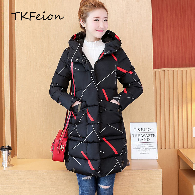 Womens Long Jacket Autumn Winter Ladies Warm Parka Fashion Print White Black Cotton-padded Jackets Female Slim Thick Coats
