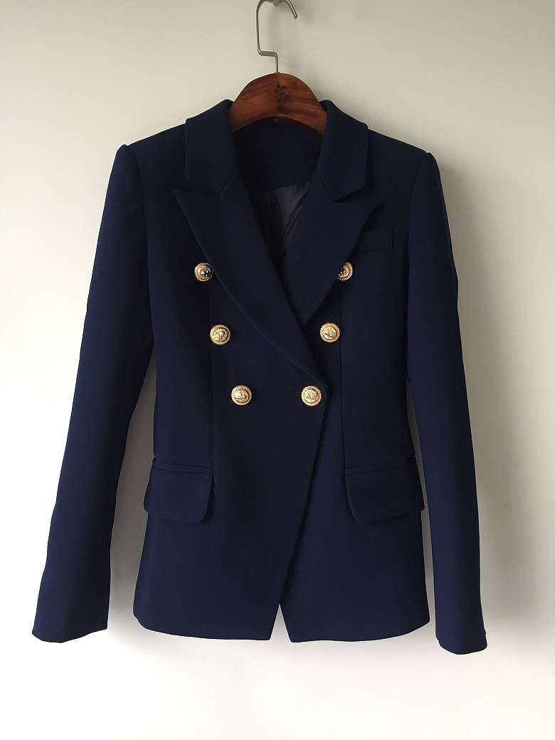 

Hot Personality New Top Quality Original Design Women's Double-Breasted Blue Slim Jacket Metal Buckles Blazer Navy Blending Outwear