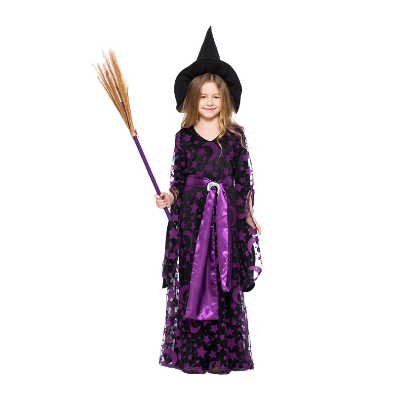 Children Purple Witches Halloween Costume Stage Performance Gothic Beauties Fancy Dress Star Month Printing Girl Witch Dress-image-425151360