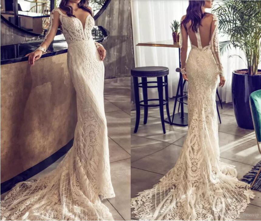 

Riki Dalal 2020 Wedding Dresses Lace Applique Deep V-Neck Long Sleeve Bridal Gowns Sweep Train Plus Size Mermaid Wedding Dress, Same as image