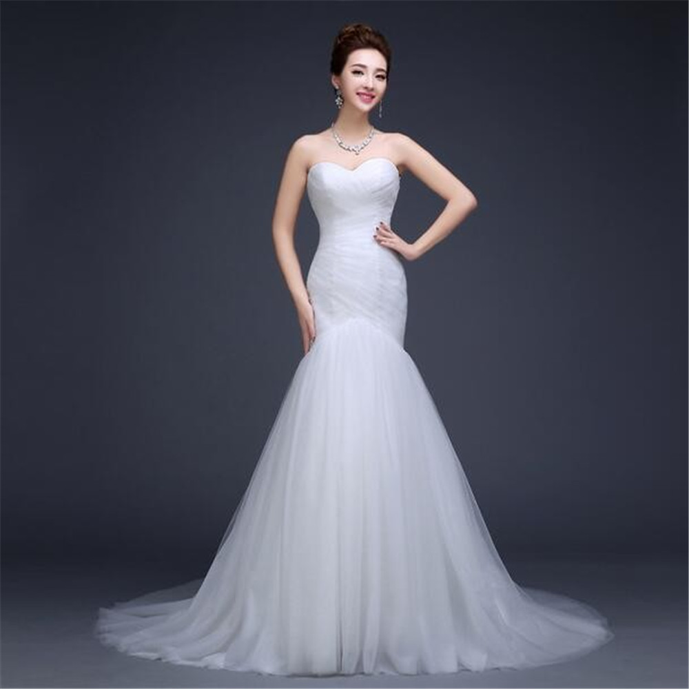 

2018 New Design Ruched Strapless Mermaid Tulle Wedding Dresses White Ivory Tulle Floor length Lace Up Bridal Gowns In Stock, Silver