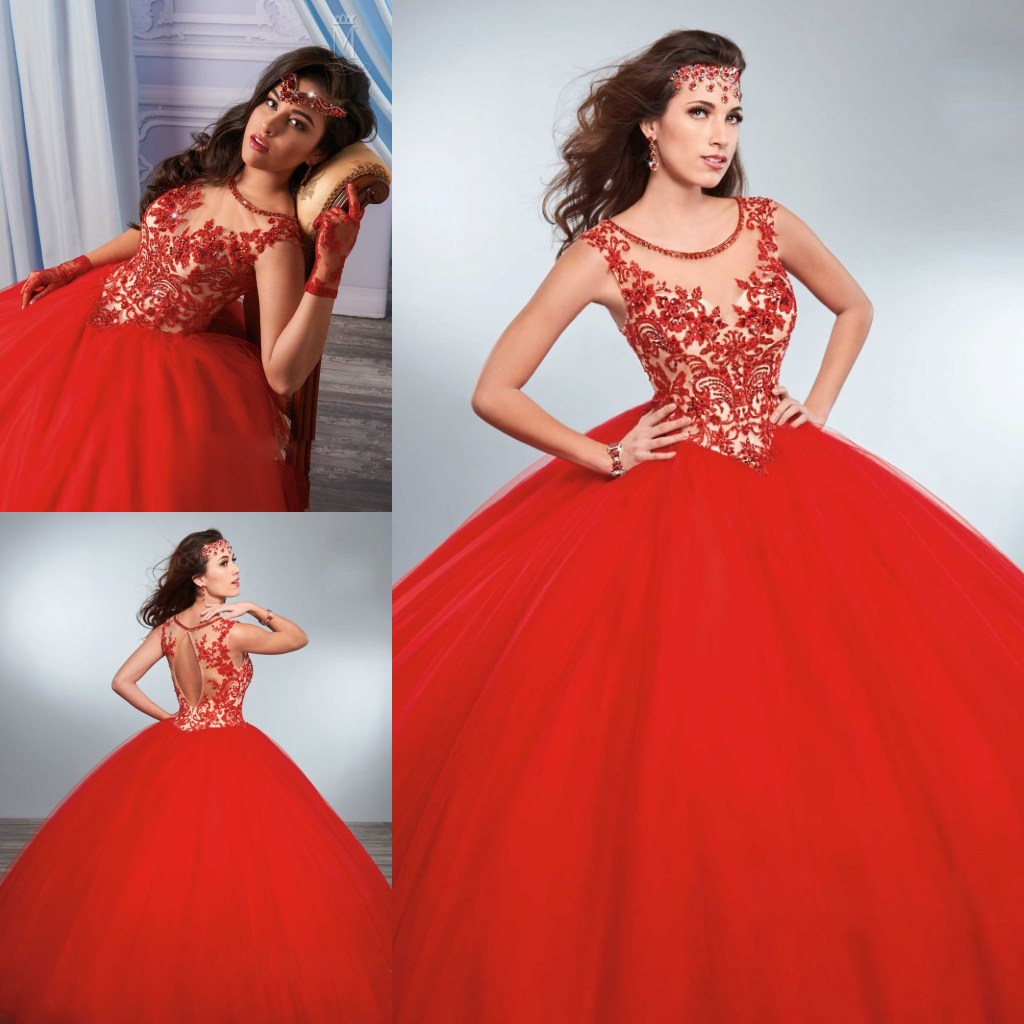 

Stunning Red Beading Ball Gown Quinceanera Dresses Sheer Bateau Neckline Sequined Prom Gowns Keyhole Back Tulle Sweet 16 Dress, Champagne