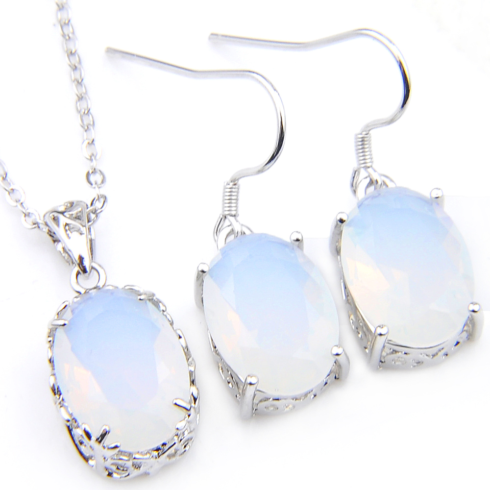 

LuckyShine 5 Sets Friend Family Gift White Opal Oval Earrings and Pendant Chain Necklace 925 Silver Women Fashion Wedding Sets FREE SHIPPIN