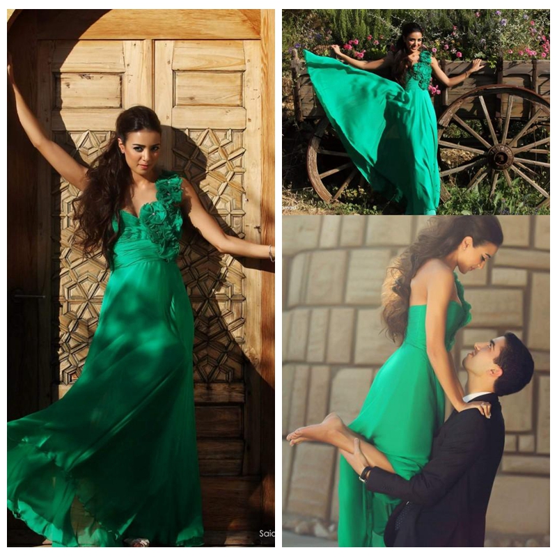

One Shoulder Green A-Line Prom Dresses Chiffon Handmade Flowers Adorned Middle East Special Occasion Party Gowns Custom 2018 Cheap, Blue