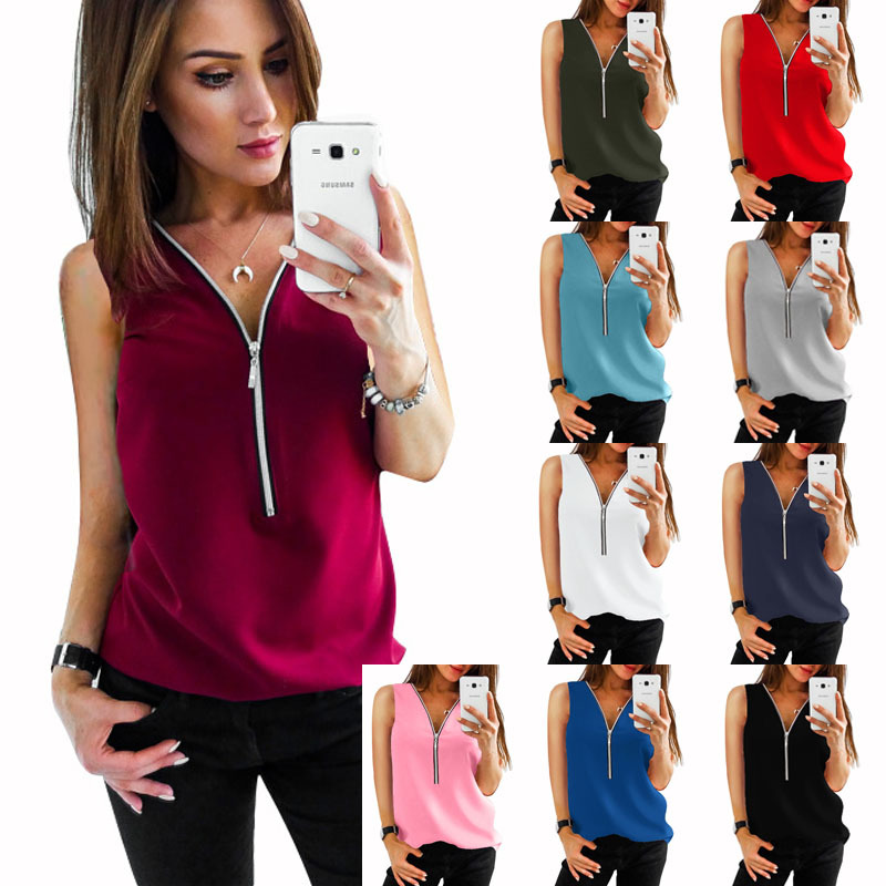 Women Chiffon Blouse Shirts Solid White Zipper Patchwork European Summer V Neck Sleeveless Casual Plus Size S- 5XL Fashion Tank Tops