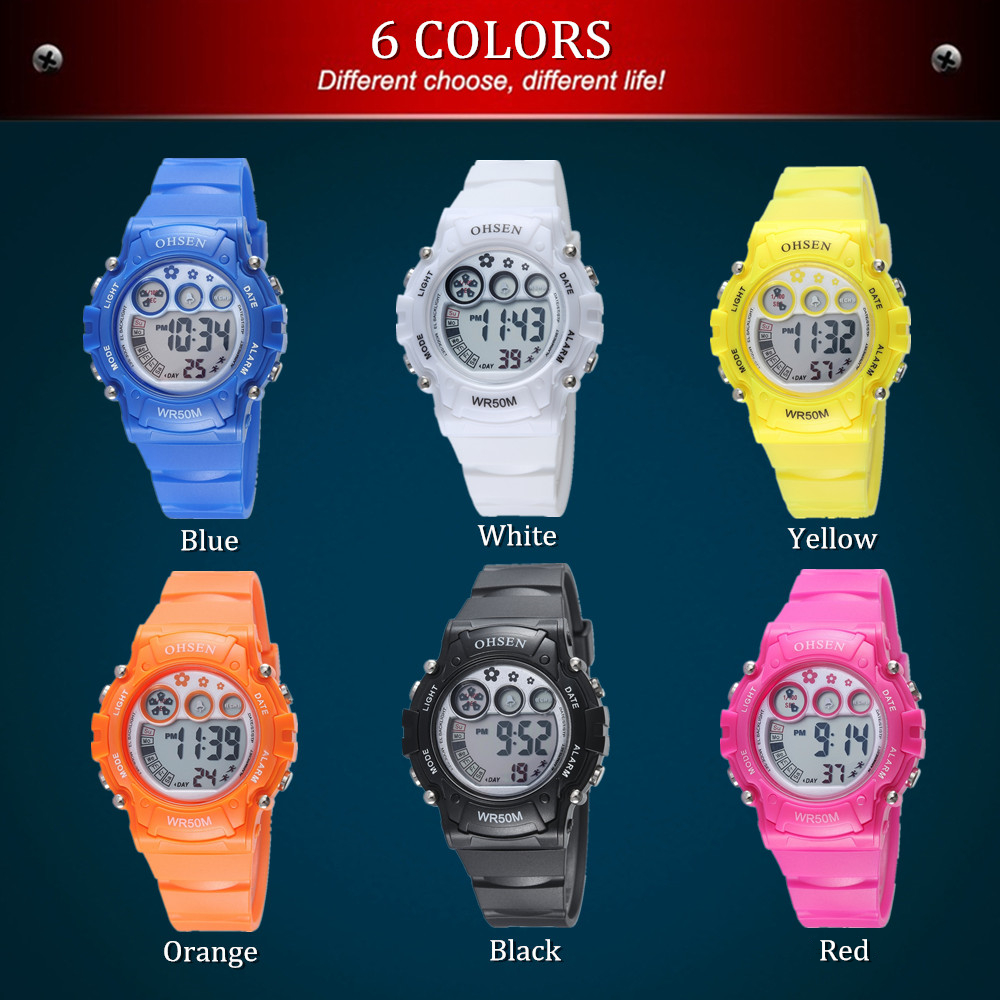 

OHSEN Brand Digital Quartz Children Sports Watches Kids Xmas Gifts 50M Waterproof Rubber Strap Fashion LED Wristwatches, Slivery;brown
