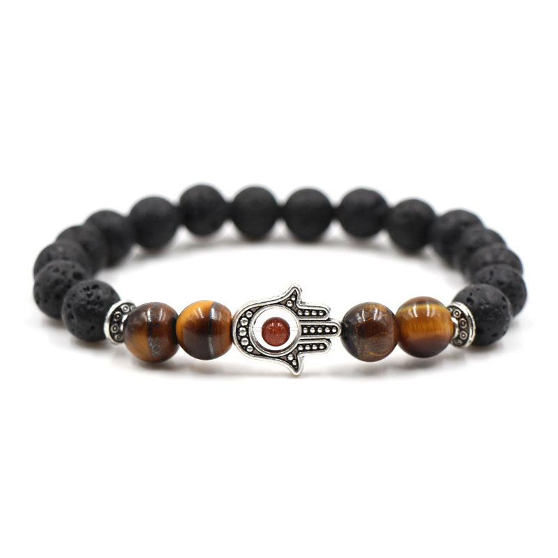 Bracelet Beaded Strands 8mm Tiger Eye Alloy Silver Plated Fatima Palm Turquoise Bangles Party Women Men Bracelets