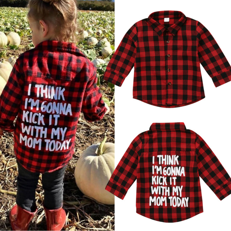 

Baby Boy Girl Long Sleeve Plaids Shirt Red Black Long Sleeve Tops Blouse Casual Clothes Letter Print Preppy Kids Clothing 2-7T, As picture