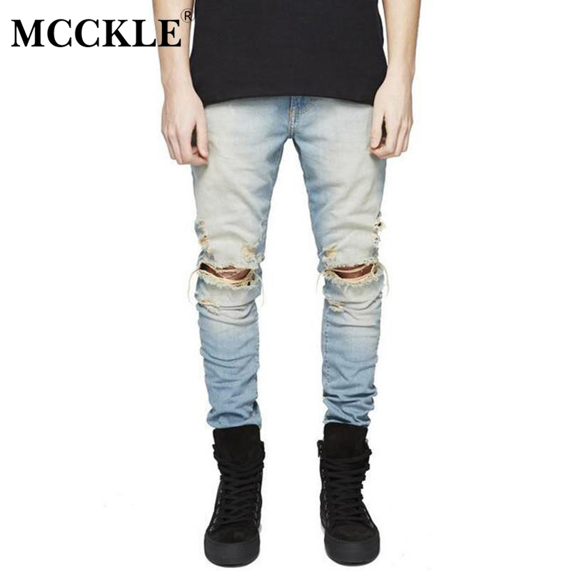 

MCCKLE Designer Slim Fit Ripped Jeans Men Hi-Street Mens Distressed Denim Biker Knee Holes Washed Destroyed Jeans, Blue