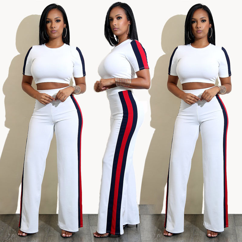 

2017 New Woman Clothes Set Short Sleeve Crop Tops +High Waist Fare Pant Trouser 2PCS Women Outfit Clothing Set, White
