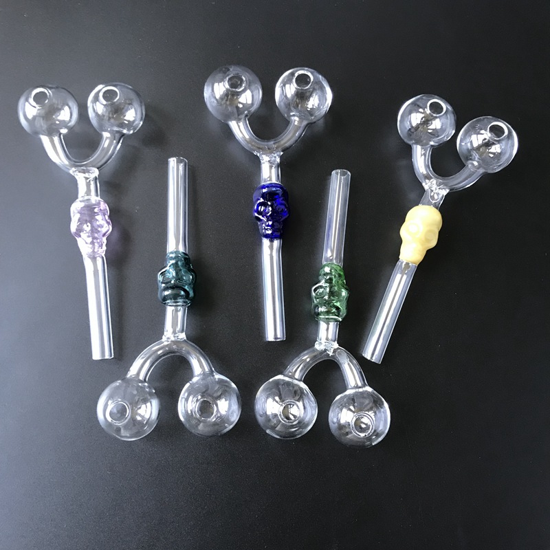 

Factory Wholesales Double Burner Glass Pipes Skull Pyrex Glass Oil Burner Pipe Colored Smoking Pipes Dab Tool Glass Smoking Accessories SW29