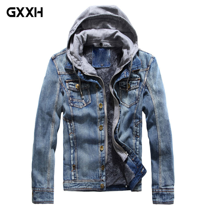 

Autumn and Winter Men's plus velvet Casual Men's Fashion Denim jacket Fashion Park Black Hooded jacket Size  L XL XXL