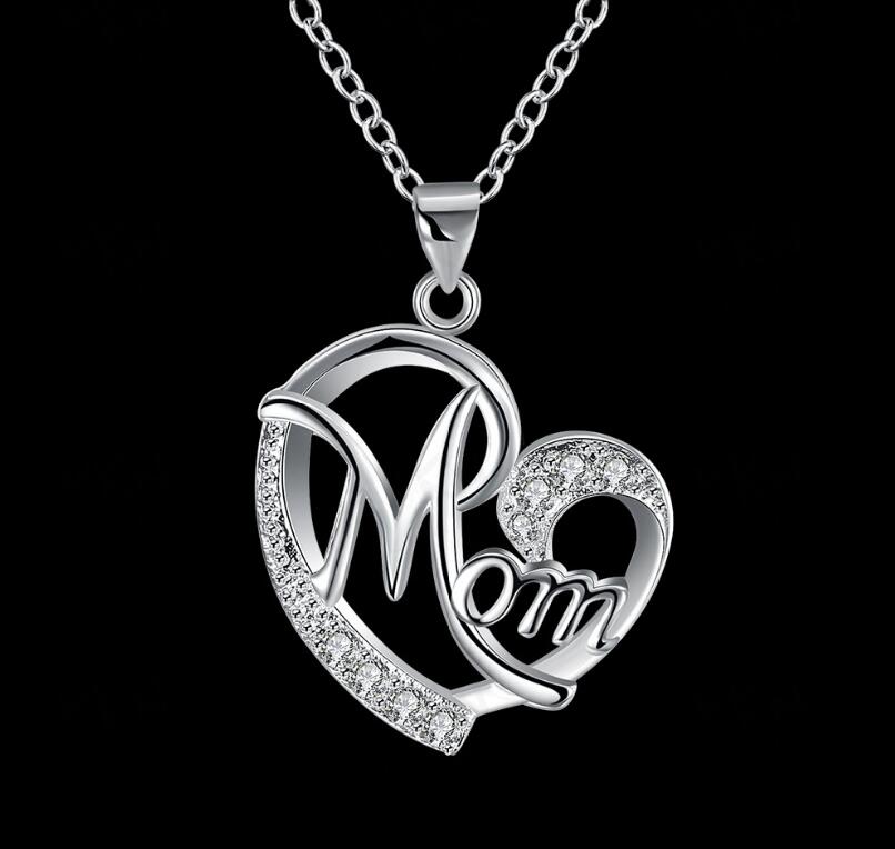Mother's Day Gift 925 Sterling Silver Diamond-encrusted Heart Mom Child Pendant Necklace