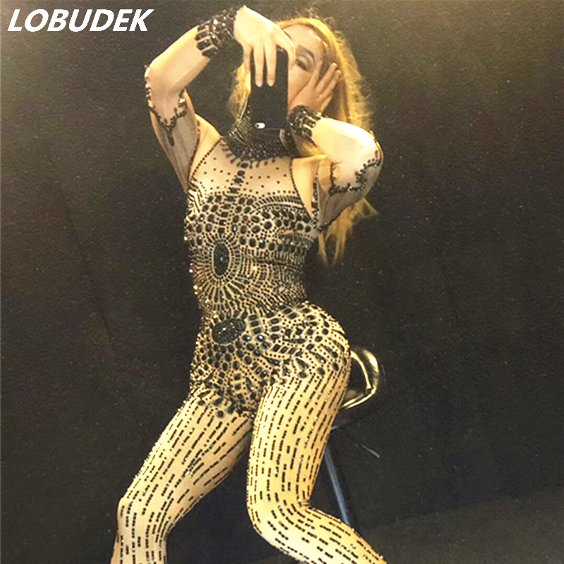 

Black Print Crystals Strapless Jumpsuit Elastic Skinny Rhinestones Off Shoulder Rompers Sexy Fashion Women Birthday Prom Singer Stage Show Performance Costume