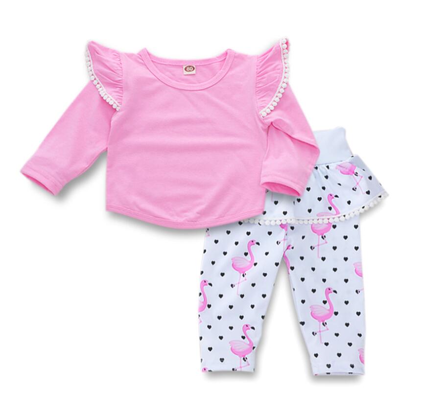 

Baby Flamingo Print Pant Set Girl Spring and Autumn Long Sleeve Tops Suit Kids Clothes Two pieces ZHT 136, Pink