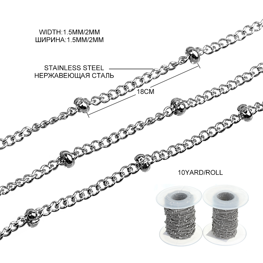 XINYAO 10yards/lot 1.5/2mm Width Metal Stainless Steel Link Chains With 2/3mm Flat Beads for Necklace Bracelets Makings F5973-image-427442945