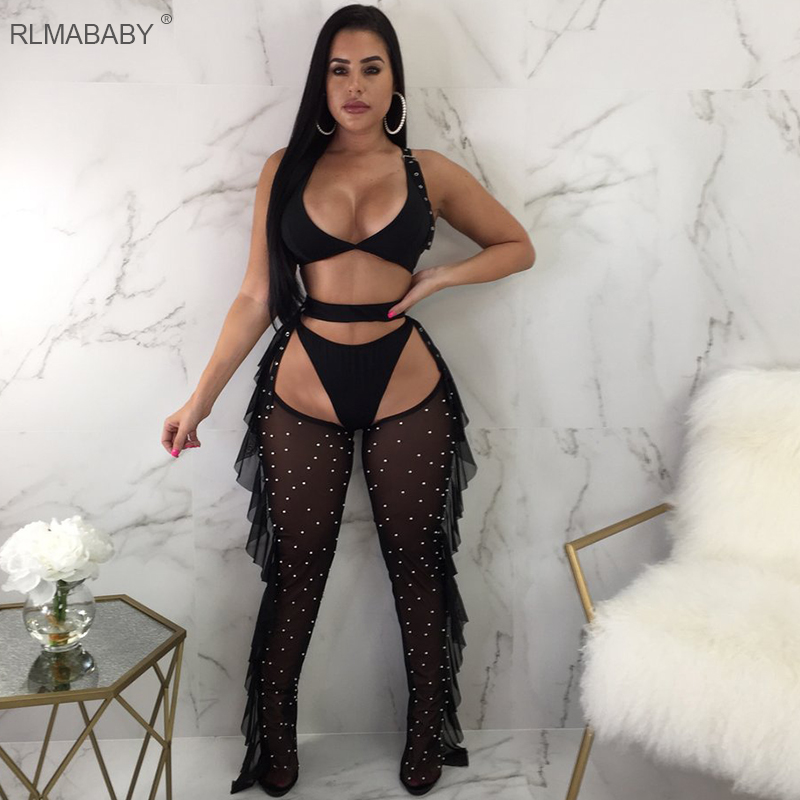 RLMABABY Sexy Three Piece Set Long Jumpsuit Ruffles Beading Overalls Jumpsuit V Neck Sleeveless Backless Rompers Womens-image-422314221