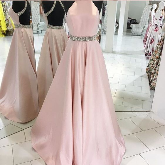 

Stunning Pink Prom Dresses Halter Satin with Crystal Beads Backless Sweep train Pleats Satin Evening Dresses Prom Dress Sexy 2018, Dark navy