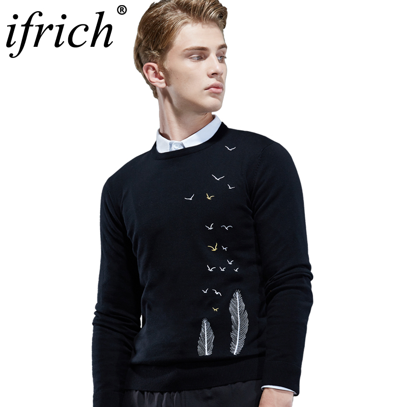 Wan-T Mens Basic Casual Feather Embroidery Crew Neck Pullover Slim Knit Sweater