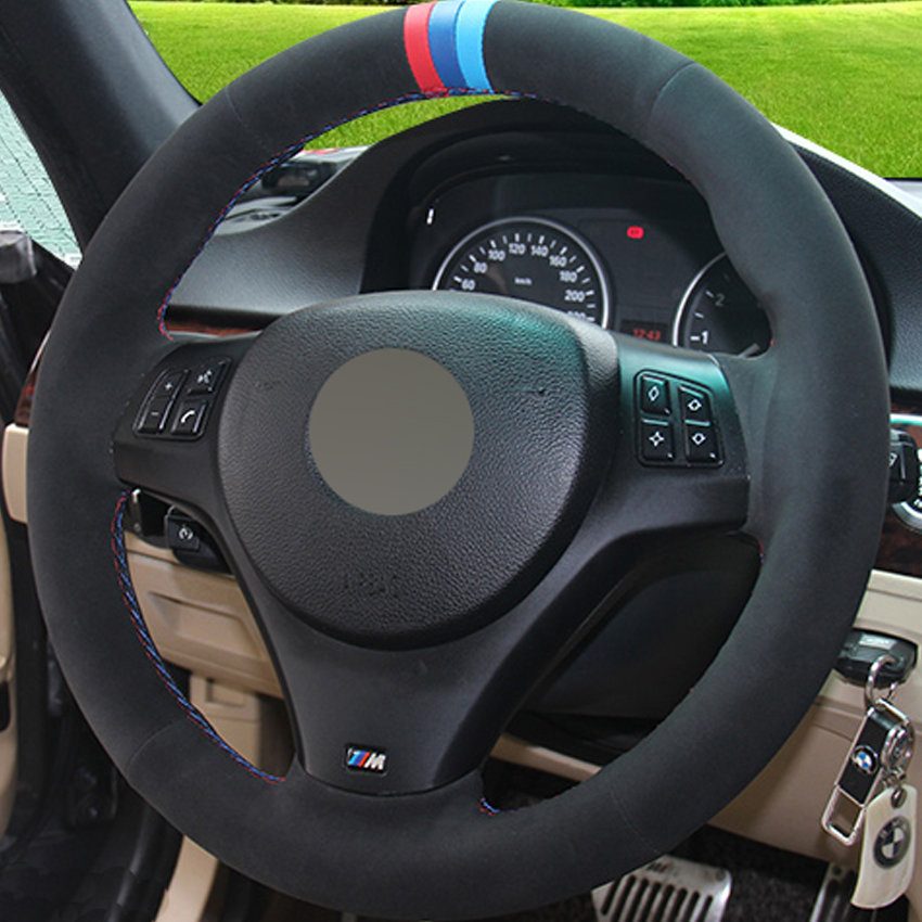 New Black Suede DIY Hand-stitched Car Steering Wheel Cover for BMW E90 320i 325i 330i 335i-image-410130307