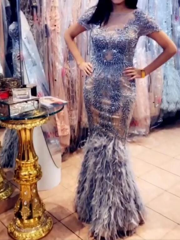 

Evening dress Yousef aljasmi Kim kardashian Short sleeve Beadeda V-Neck A-Line Feather Almoda gianninaazar ZuhLair murad, Same with picture