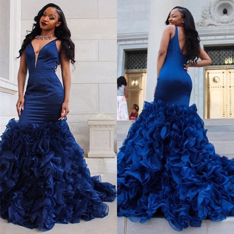 

Ruffles Tiered Train Prom Dresses Royal Blue Deep V-Neck Sleeveless Mermaid Formal Party Dresses Custom Made Sexy African Satin Prom Dress, Same as picture