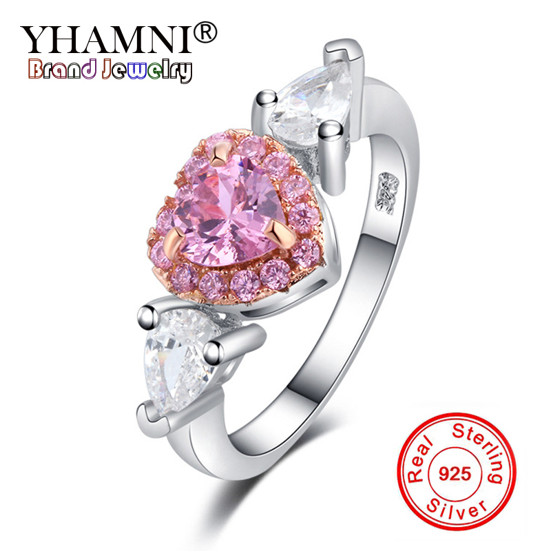 

YHAMNI 100% 925 Sterling Silver Angel Wings Pink CZ Zirconia Love Heart Wedding Jewelry Rings for Women Ring Gift YRA0226