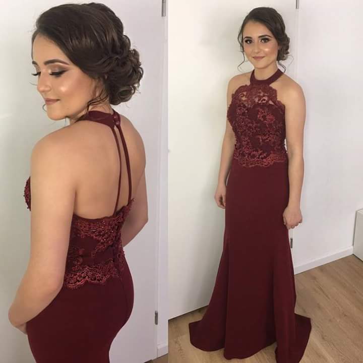 

Burgundy Elegant Mermaid Prom Dress 2018 Halter Top Lace Sheer Neckline Sexy Open Back Long Evening Gowns Beautiful Formal Party vestidos, Brown