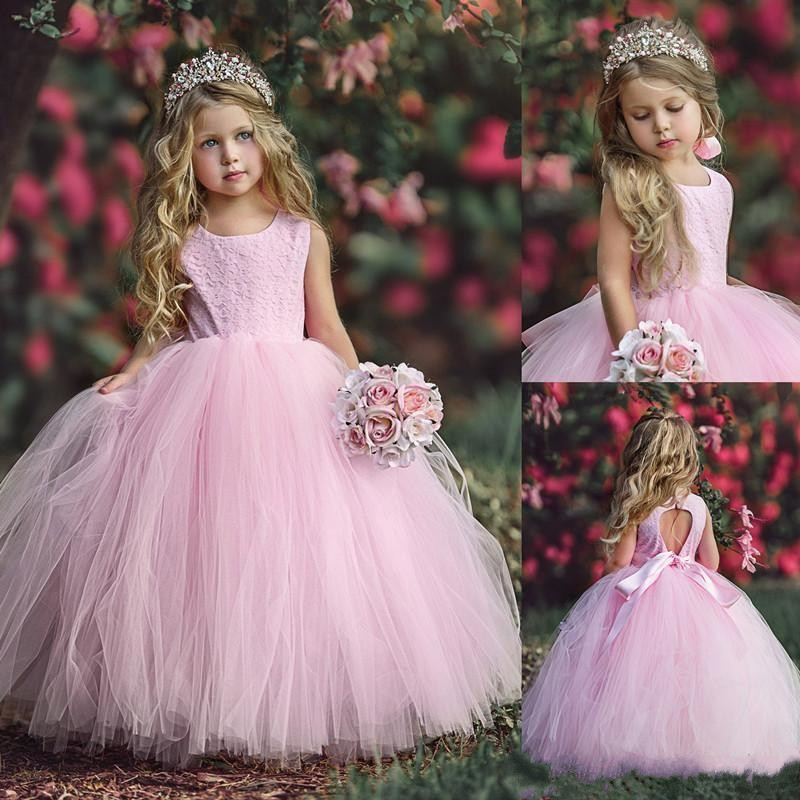 

Pink Flower Girl Dresses For Weddings Sleeveless Lace Top Ball Gown Pageant Dresses For Teens Tulle Hollow Back First Communion Dress, Champagne