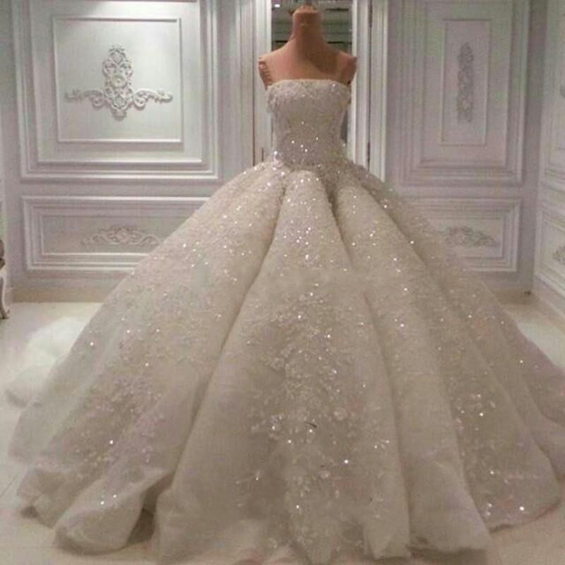 

2018 Shining Ball Gown Wedding Dresses Strapless Applique Beading Bridal Gowns High Quality Custom Made Sequins Wedding Dress, Pink