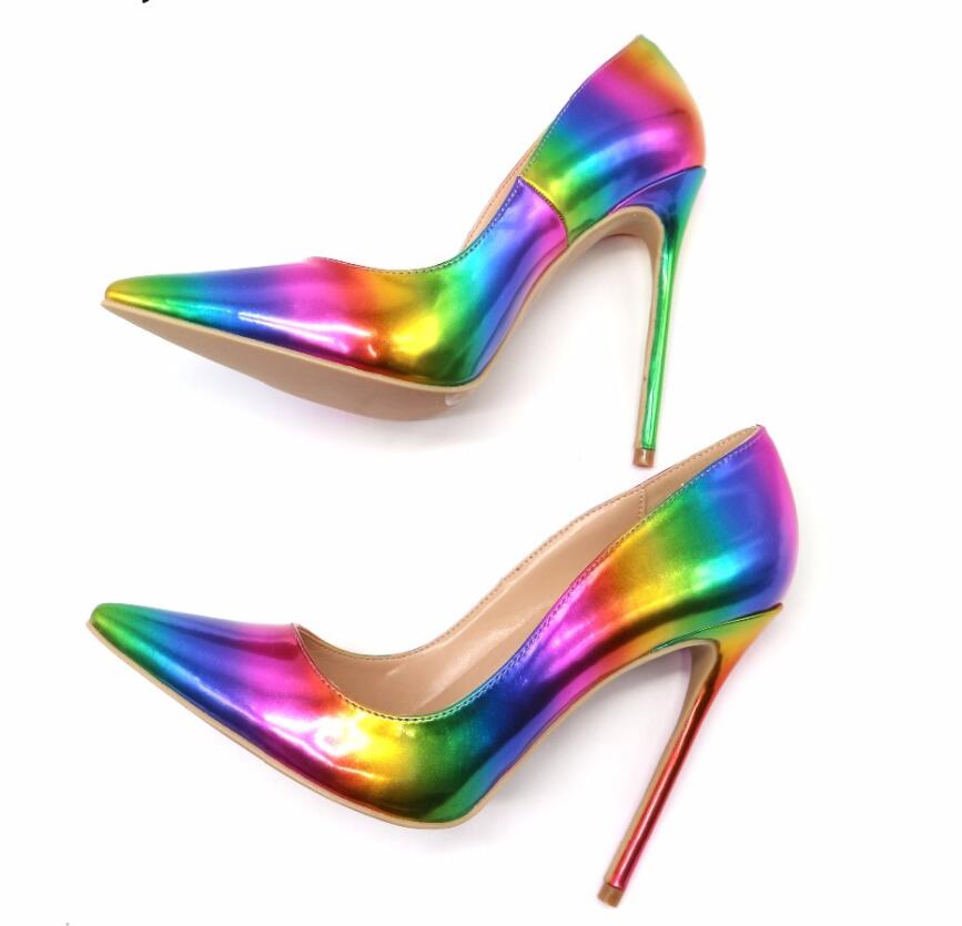 

Casual Designer sexy lady real photo women's sandals luxura leather Multi color rainbow printed pointed toe woman female 12cm 10cm 8cm high heels pumps shoes, Rainbow 8cm