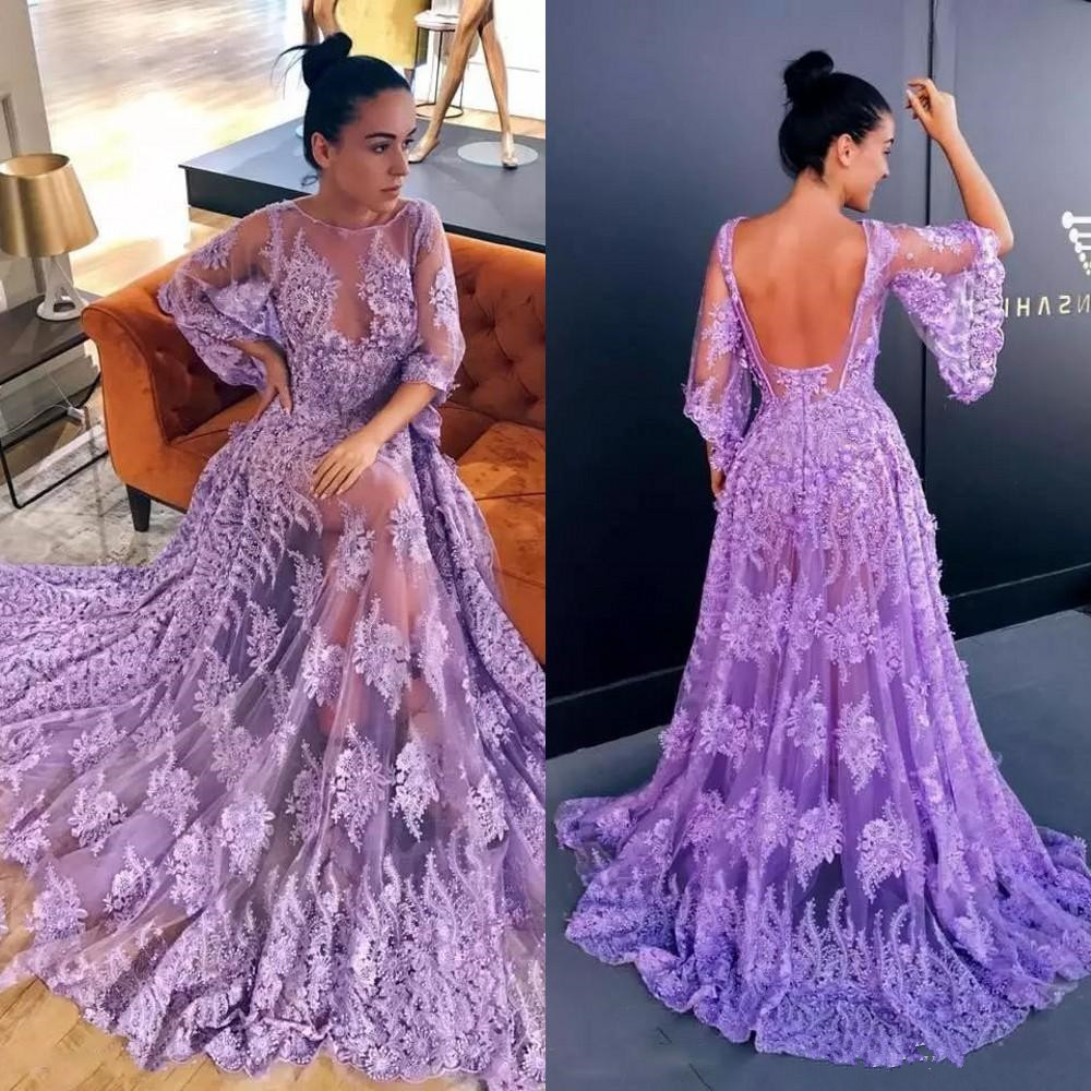 

Stylish Lavender Prom Dresses Glamorous Lace Appliques 1/2 Poet Sleeves Evening Gowns Open Back Special Occasion Dress de Festa, Ivory