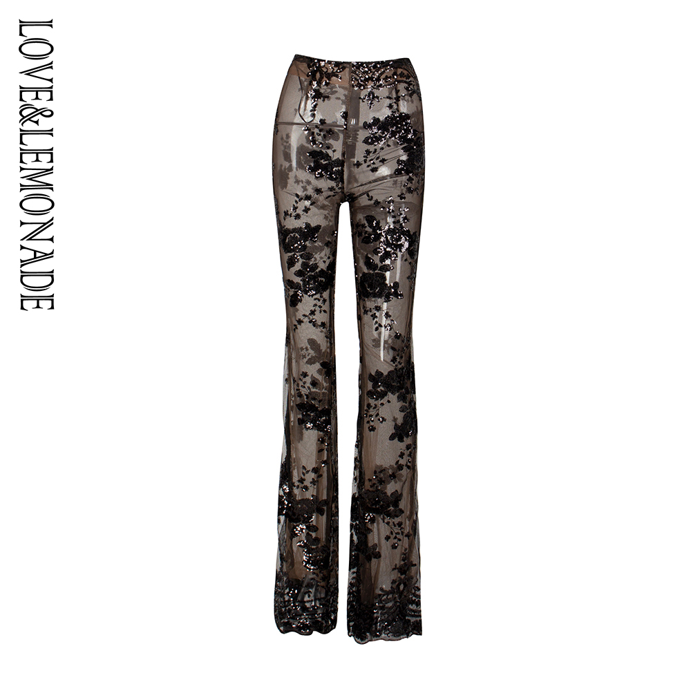 

Love&Lemonade Black Flower Sequins Trumpet Pants, Mesh Lining LM1486