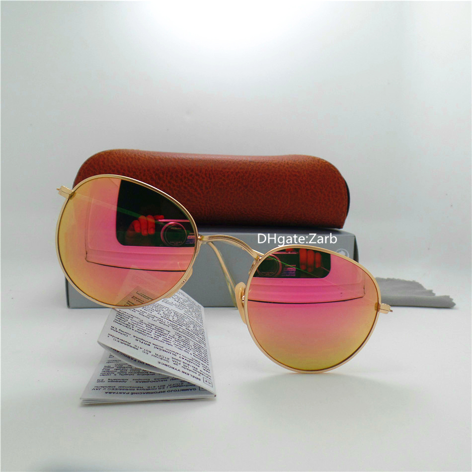 

Top Quality Glass Lens classic Men Women Sunglasses UV400 Metal Frame Pilots Eyewear 51MM Round Vintage Mirror Eyeglass With Brown Box Case