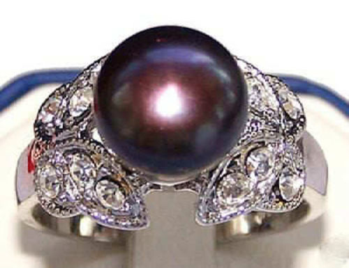 

9mm Noblest Natural Black Akoya Cultured Pearl Butterfly Ring Size:7 8 9