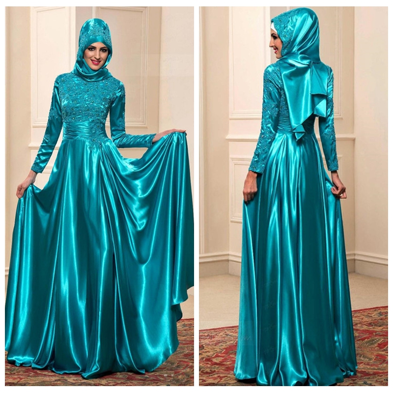

Arabic A-Line Muslim Dresses Evening Wear High Neck Lace Appliques Beaded Long Sleeves Floor Length Satin Prom Gowns Party Dress, Nude