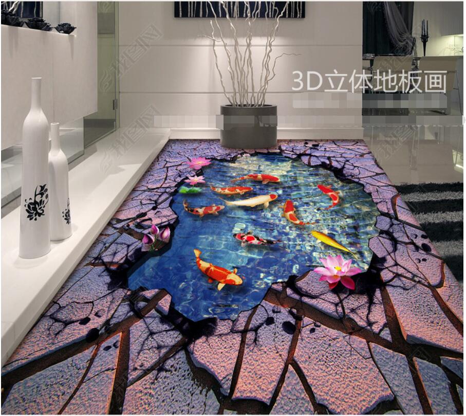 

3d pvc flooring custom photo Waterproof floor wall sticker Nine fishes, lotus, bathroom, living room, 3D floor painting murals wallpaper, Picture shows