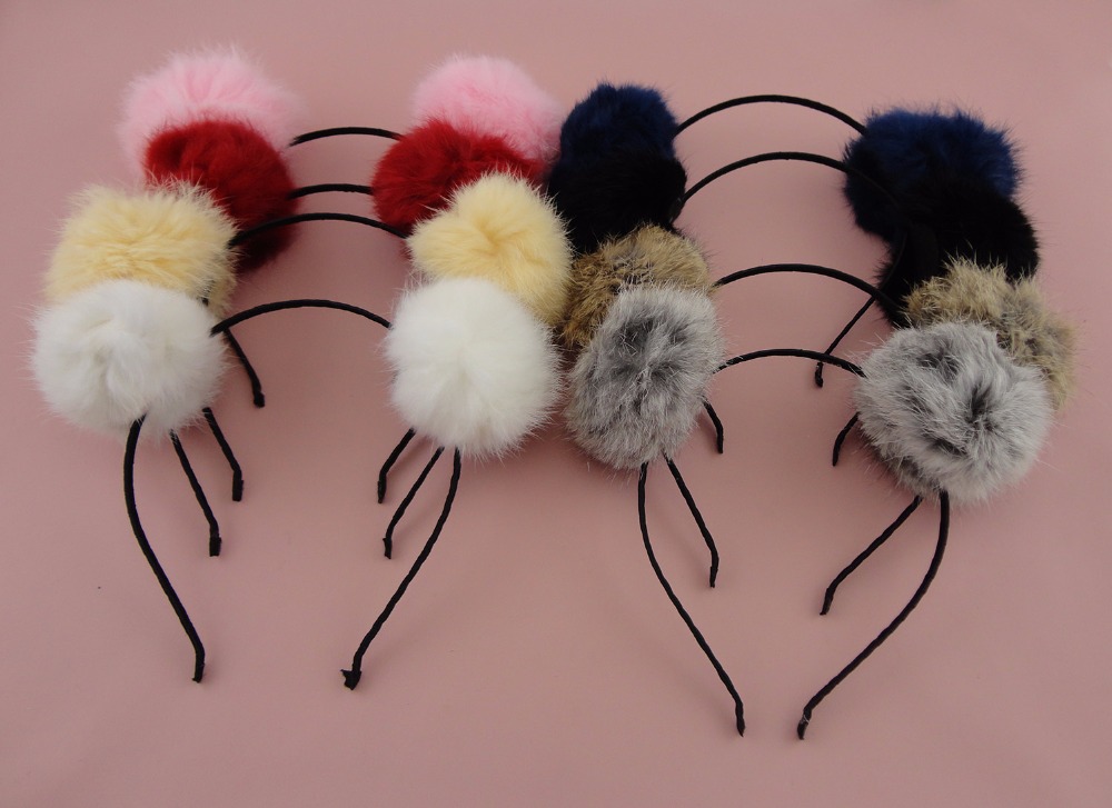 6PCS Black Satin Wrapped Metal hair headbands with 8.0cm Real Rabbit Fur Pompoms Balls big velvet Pompon hairbands-image-428754242