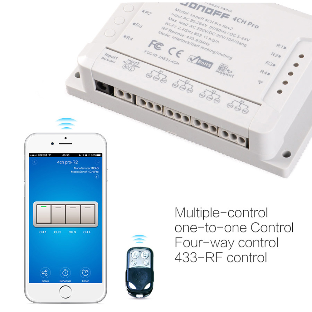 

Itead Sonoff 4CH Pro & Pro R2 updated Smart Wifi Switch Home 433MHz RF Wifi Light Switch 4 Gang 3 Working Modes Inching Interlock With Alexa