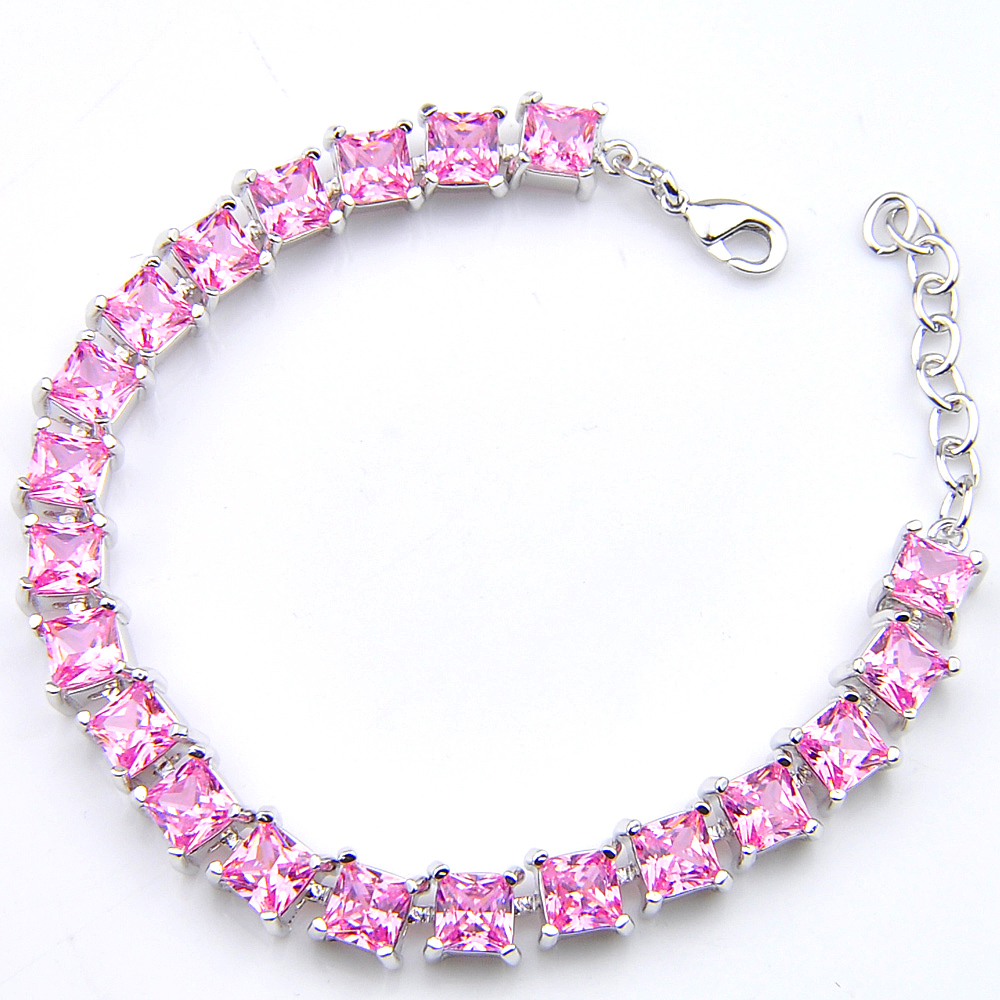 Gros carré coupe rose Kunzite Gem 925 bracelet à breloques en argent pour les femmes cadeau de mariage Cz Tennis Zircon Bracelet 8 pouces amoureu