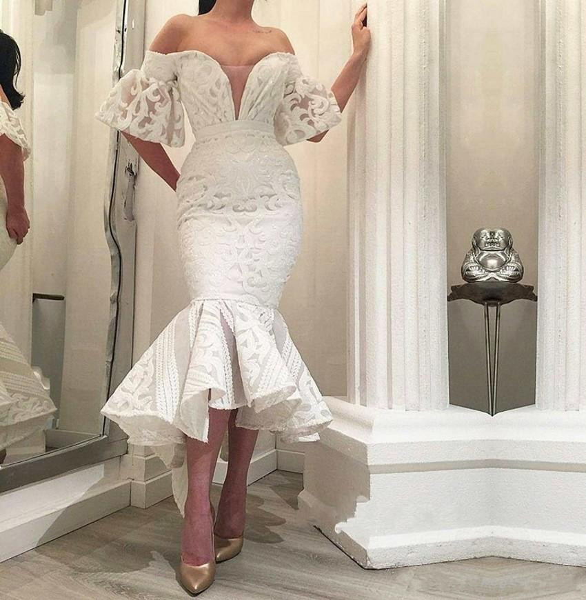 

Gorgeous White Lace Wedding Dresses 2019 Mermaid Wedding Dress Off Shoulder Tea Length Noble Close fitting Bridal Gowns, Red